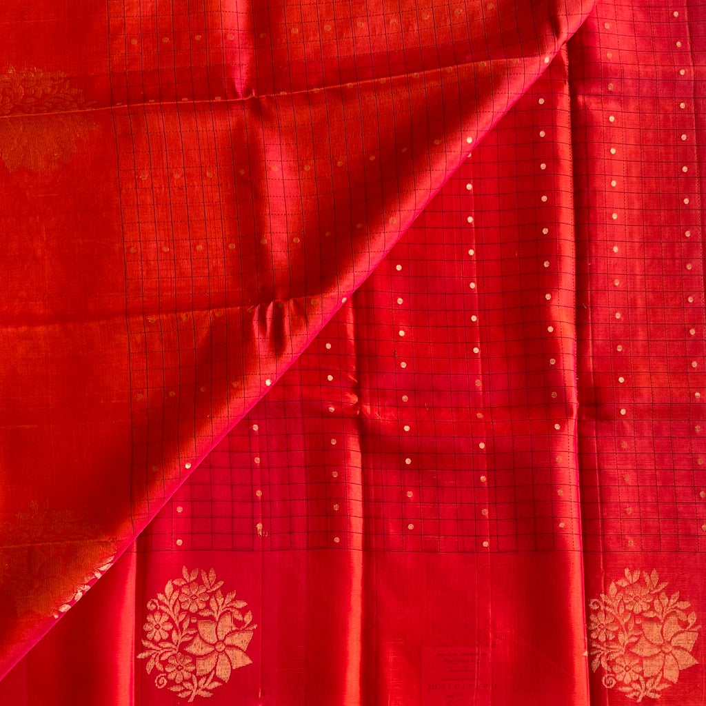 Scarlet Red Teal Pallu Antique Gold Zari Floral Wedding Saree