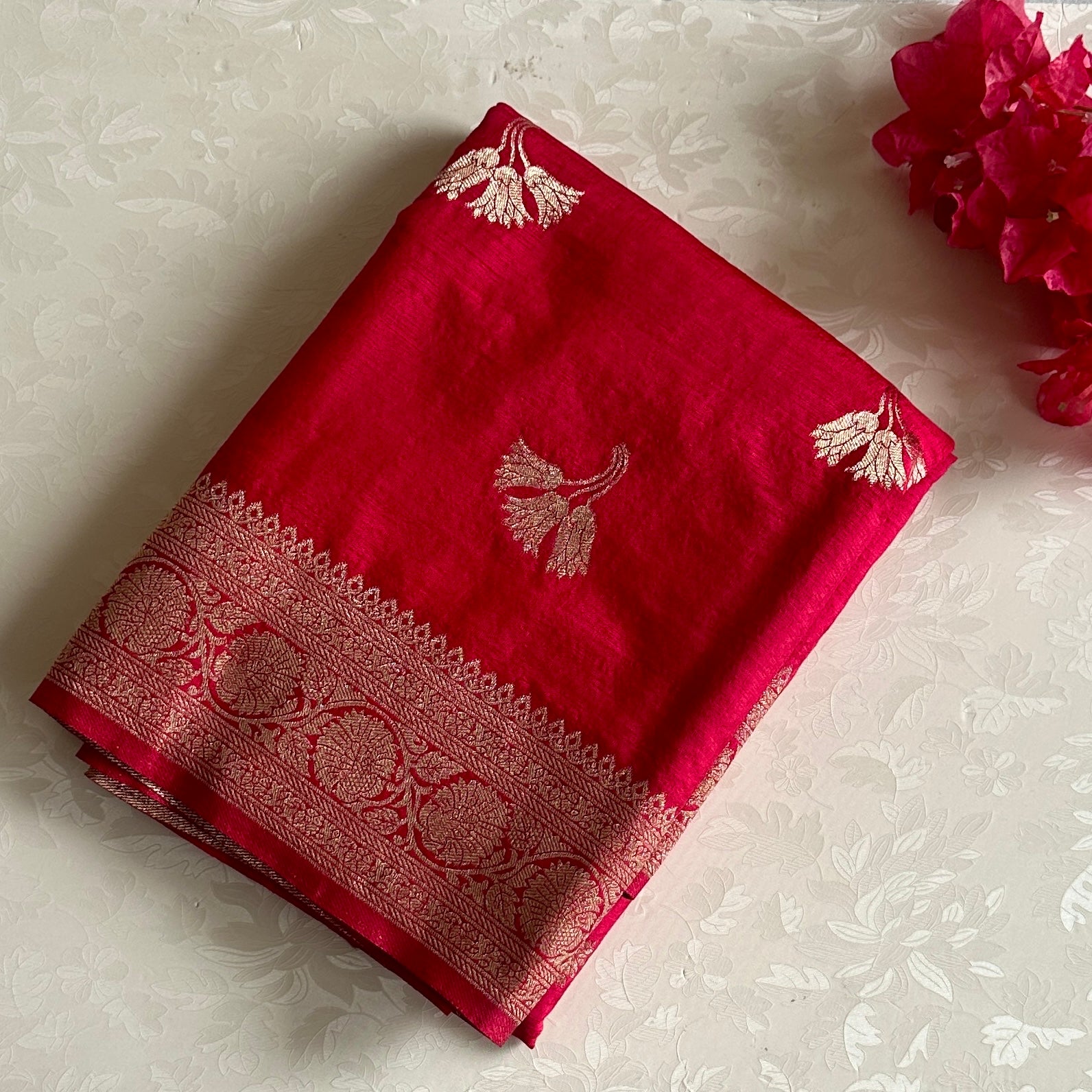 Cherry Pink Soft Tussar Silk Saree With Metallic Gold Zari Border