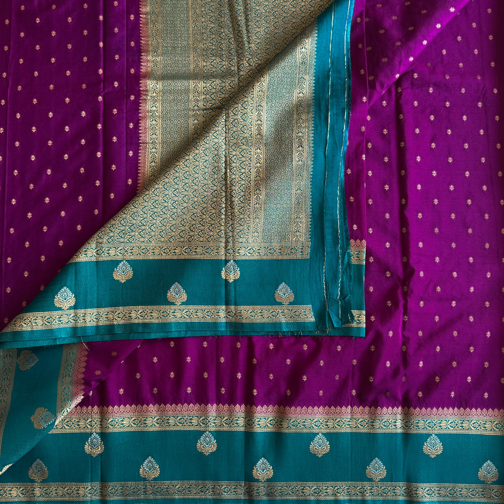 Magenta Teal Silk Saree Gold Zari Buti Woven Pallu Border