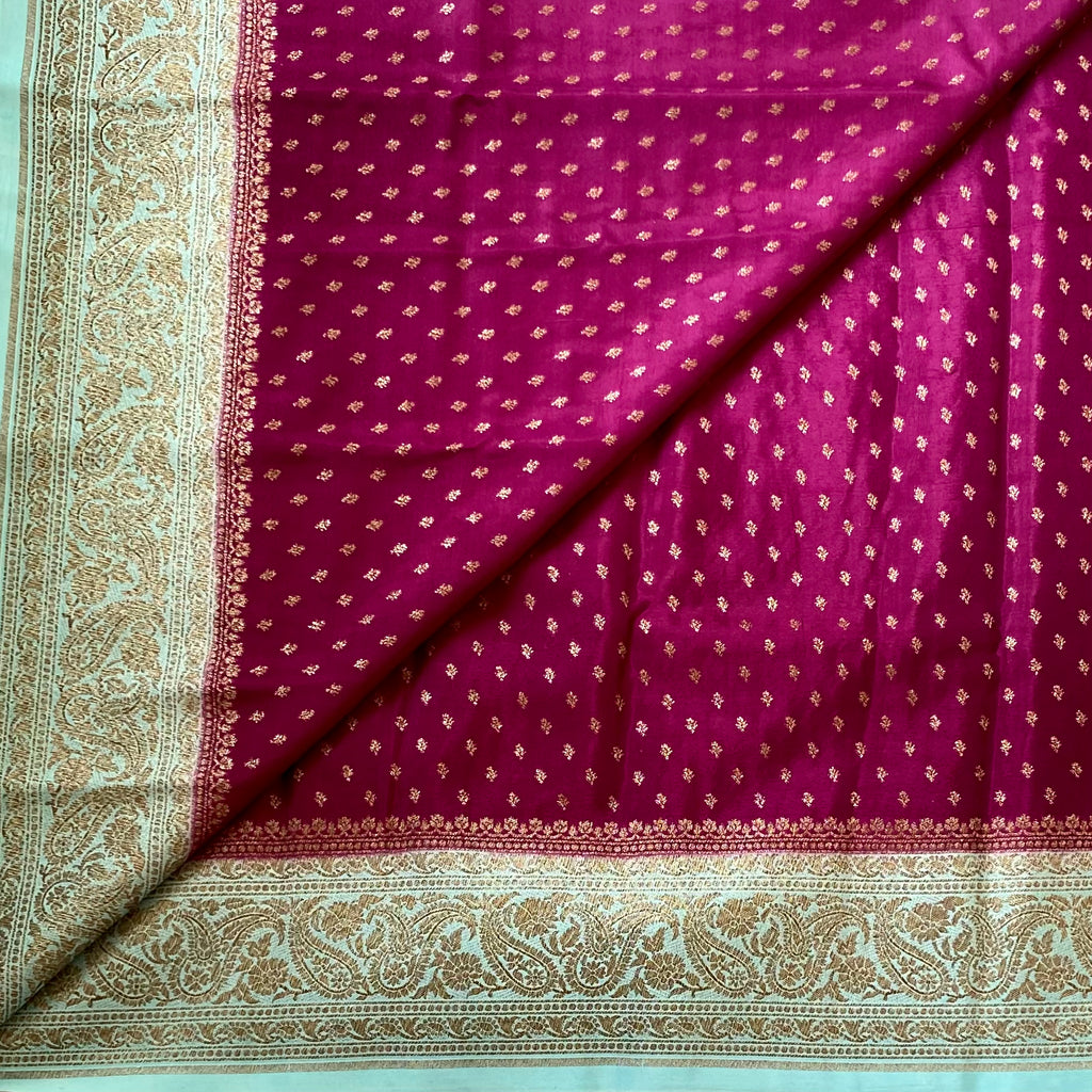 Turquoise Magenta Banarasi Brocade Silk Saree With Gold Zari Border