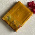 Mustard Yellow Soft Tussar Silk Saree With Olive Green Medallion Pallu