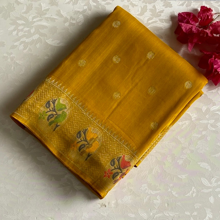 Mustard Yellow Soft Tussar Silk Saree With Olive Green Medallion Pallu