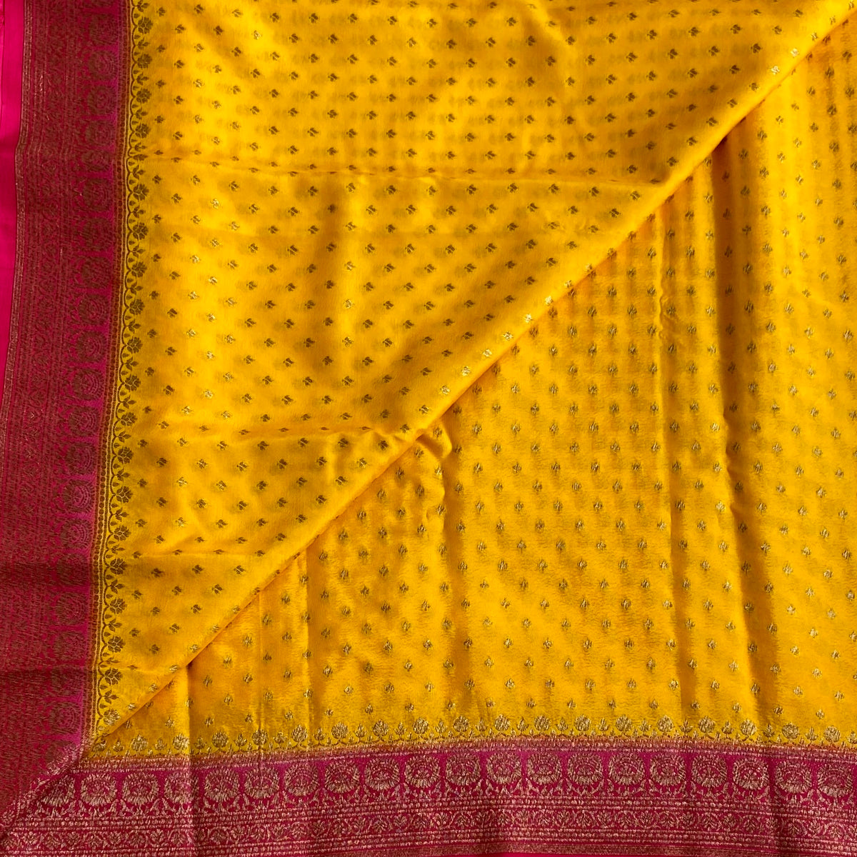 Banarasi Crepe Silk Sunflower Yellow & Rani Pink Saree