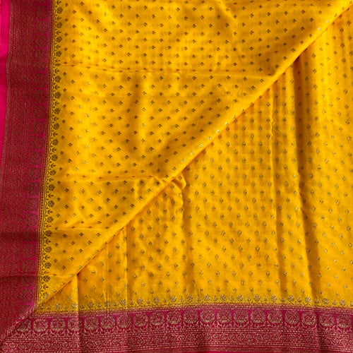 Banarasi Crepe Silk Sunflower Yellow & Rani Pink Saree