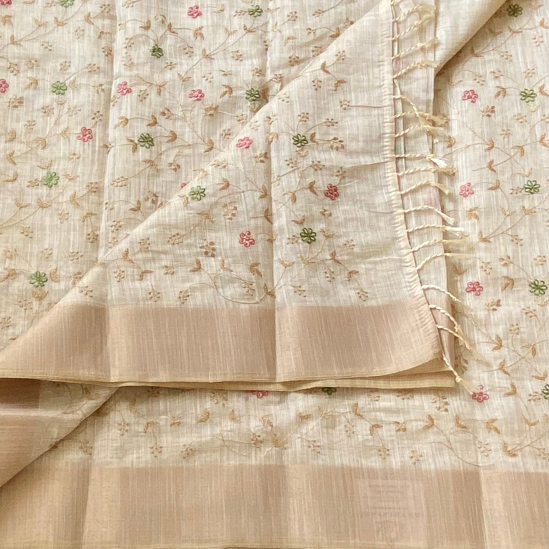 Sheer Ivory Beige Embroidered Floral Saree With Gold Woven Border