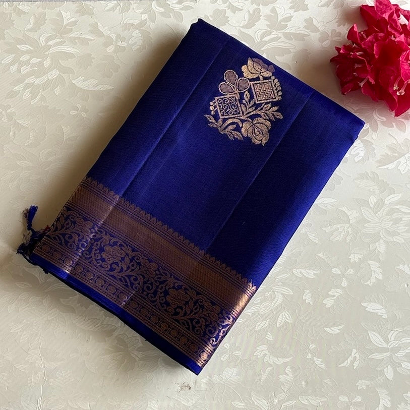 Royal Blue Designer Pure Silk Saree With Antique Gold Zari Work