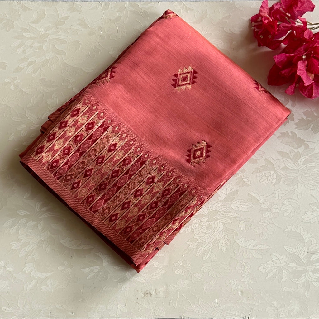 Elegant Coral Pink Magenta Diamond Zari Saree With Tassel Border