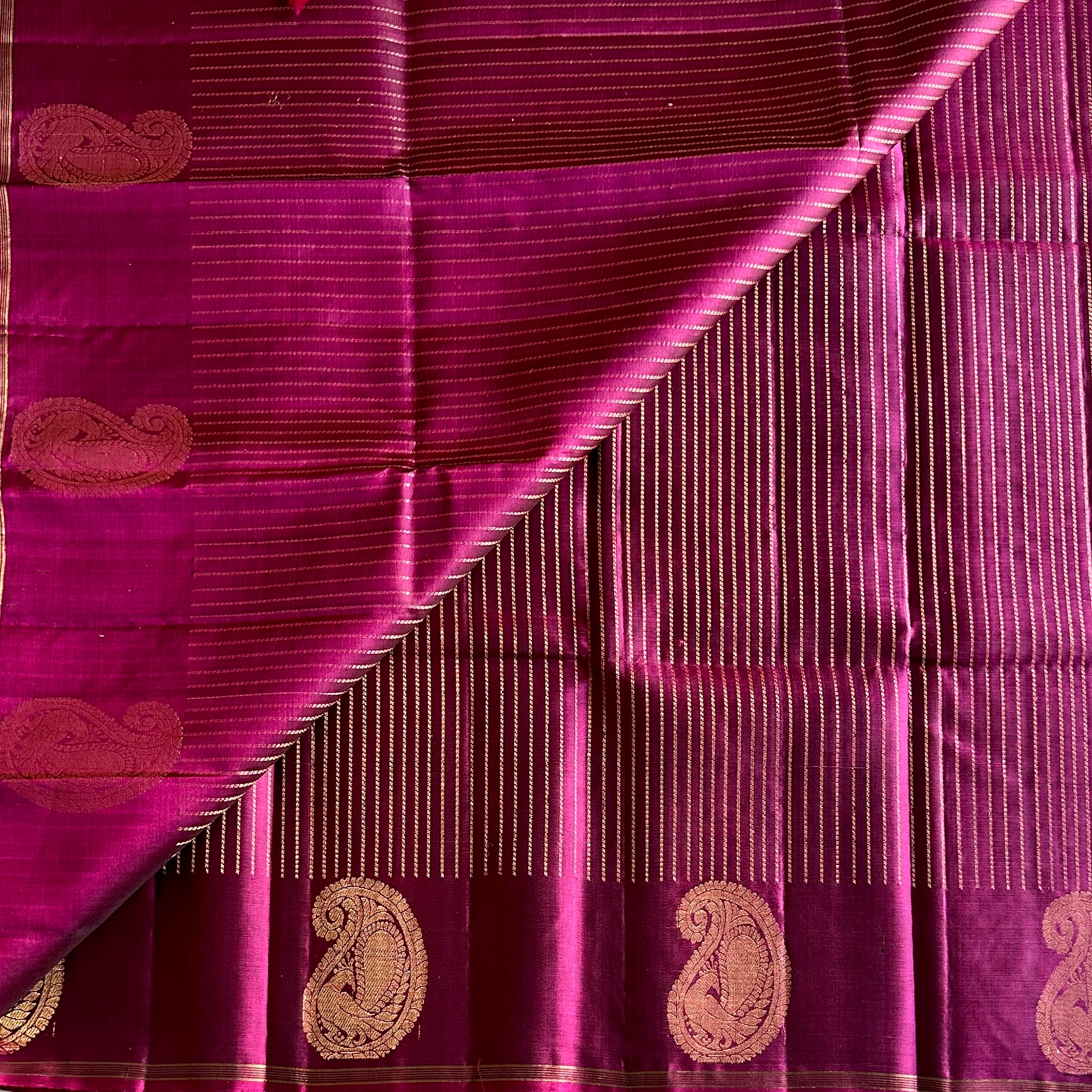 Magenta Silk Saree Antique Gold Zari Diamond Buta Paisley Border