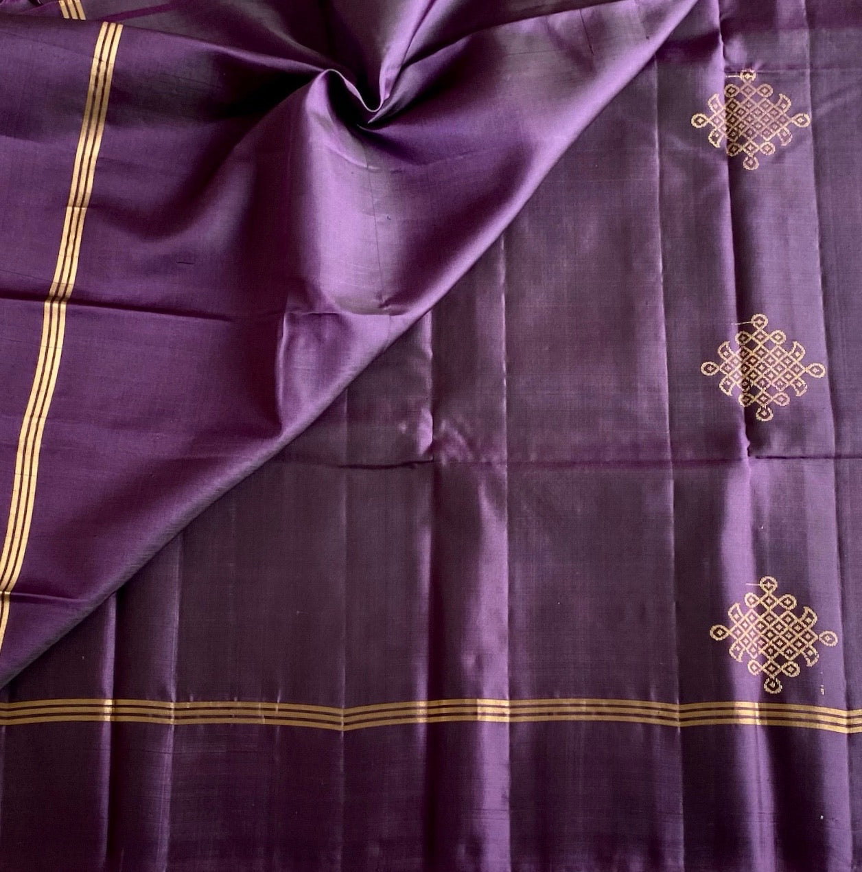 Plum Purple Designer Pure Silk Saree With Antique Gold Motifs