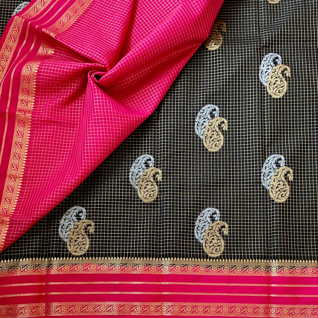 Charcoal Black Fuchsia Brocade Saree With Gold Paisley Motifs