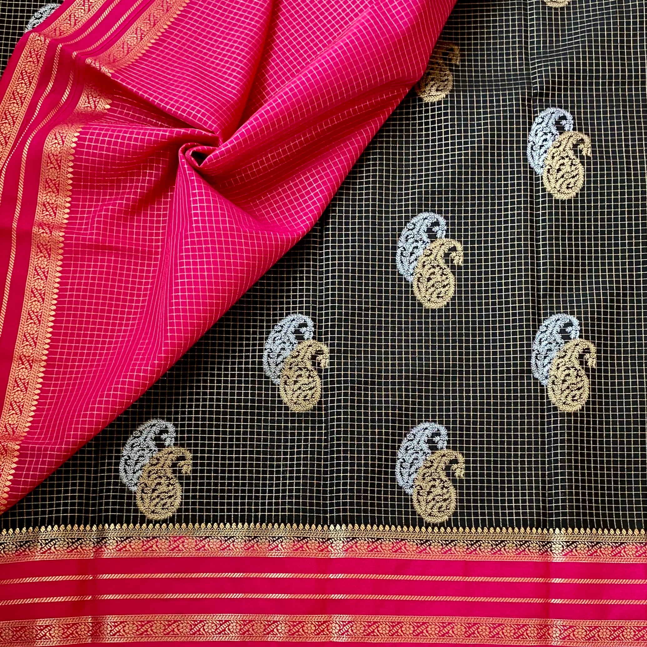 Charcoal Black Fuchsia Brocade Saree With Gold Paisley Motifs