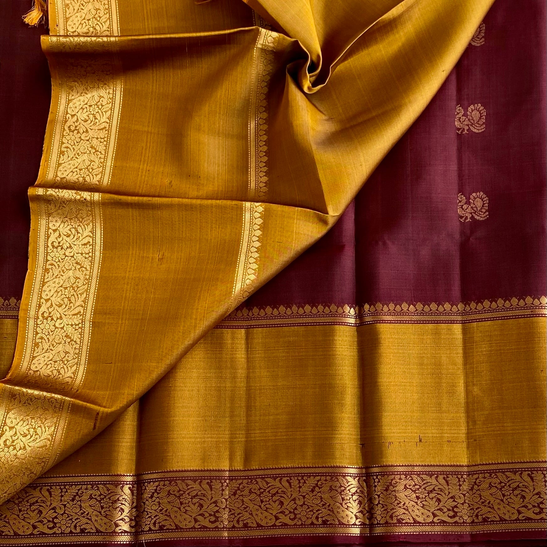 Wine Brown Designer Handwoven Pure Silk with Jaggery Gold Contrast