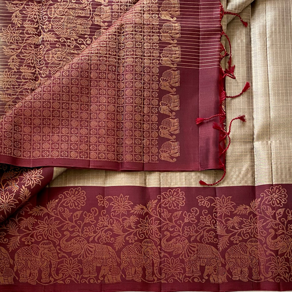 Ash Metallic Grey Designer Pure Silk With Antique maroon Zari Border