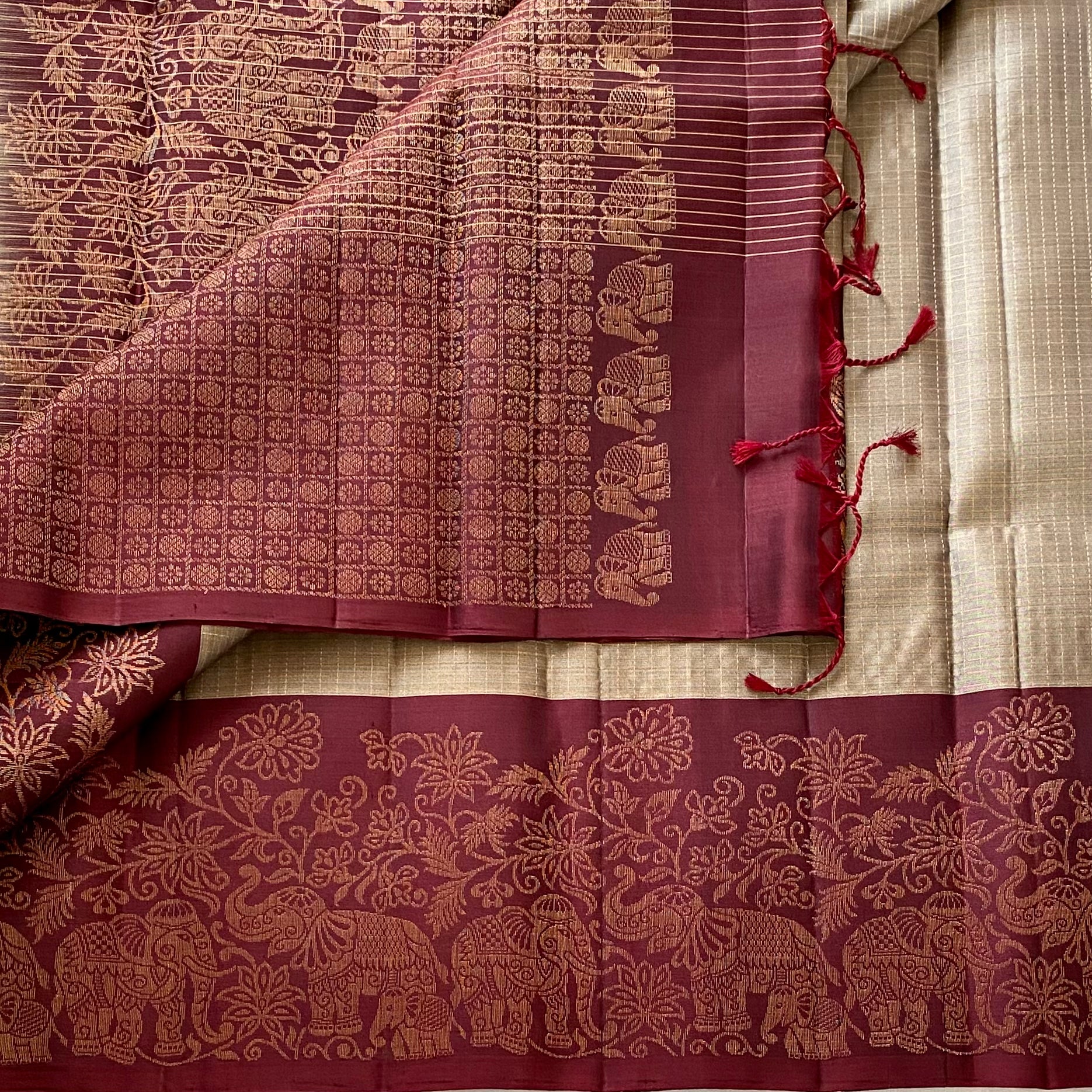 Ash Metallic Grey Designer Pure Silk With Antique maroon Zari Border