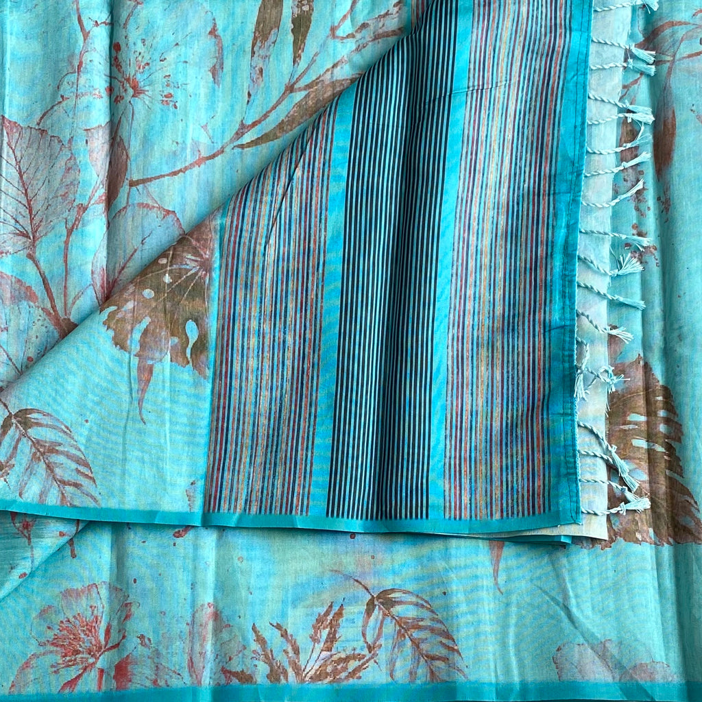 Aqua Blue Lightweight Printed Soft Tussar Saree With Floral Dreamy Prints