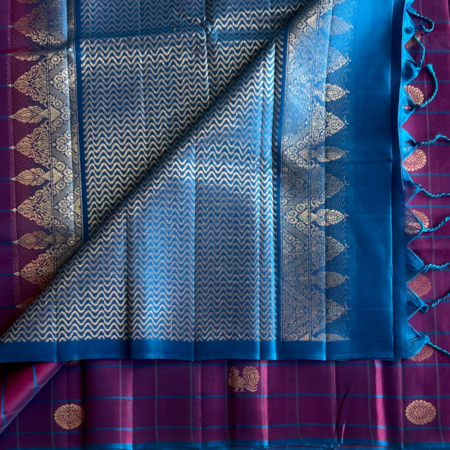 Checkered Stunner in gorgeous deep Magenta with turquoise handwoven pure silk