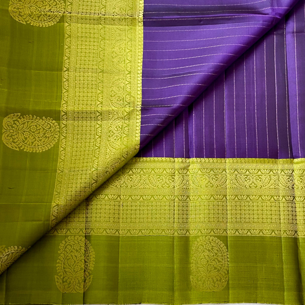 Purple Chartreuse Zari Paisley Silk Saree For Festive Traditional Events