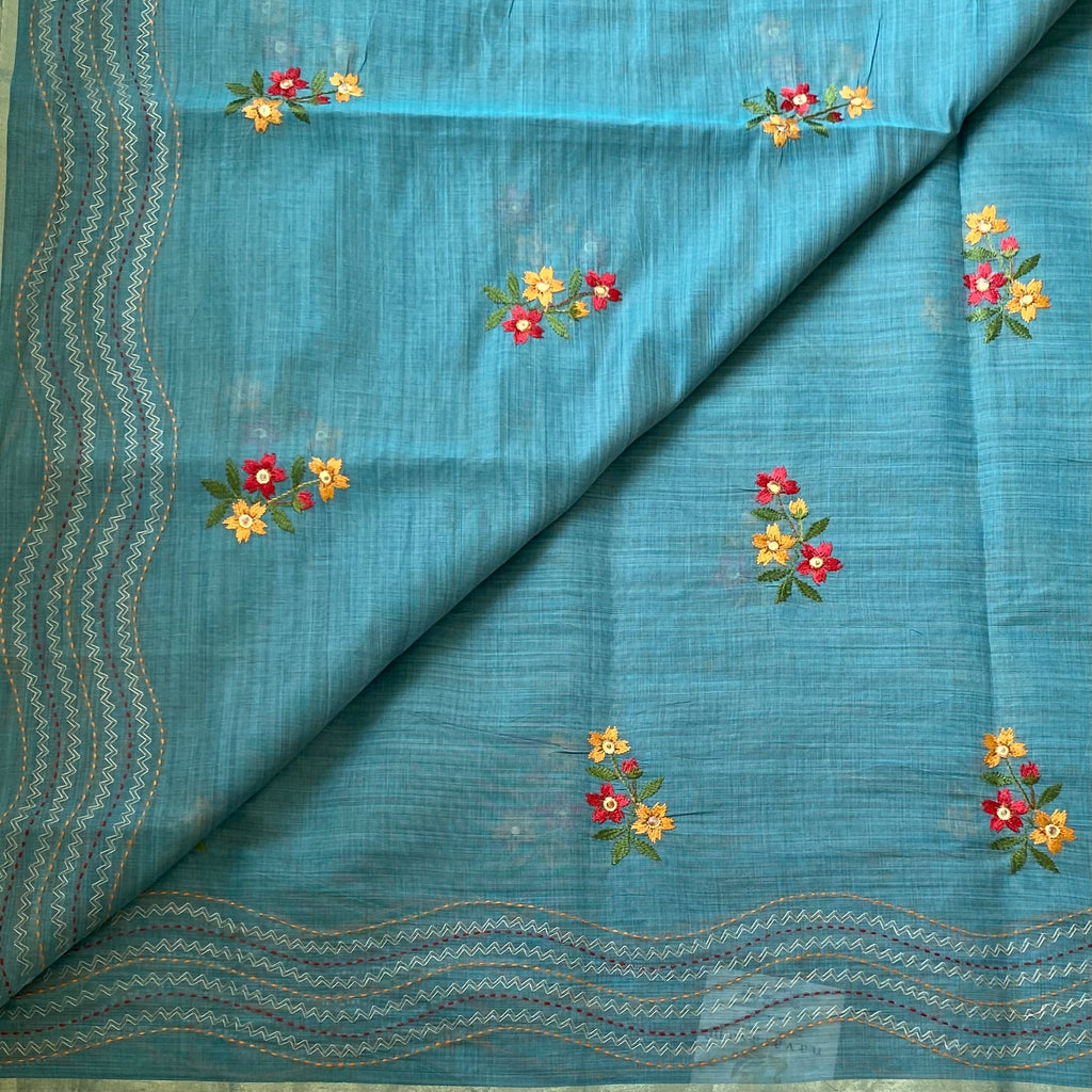 Turquoise Floral Embroidered Saree with Wavy Zari Pallu Tassels Lightweight