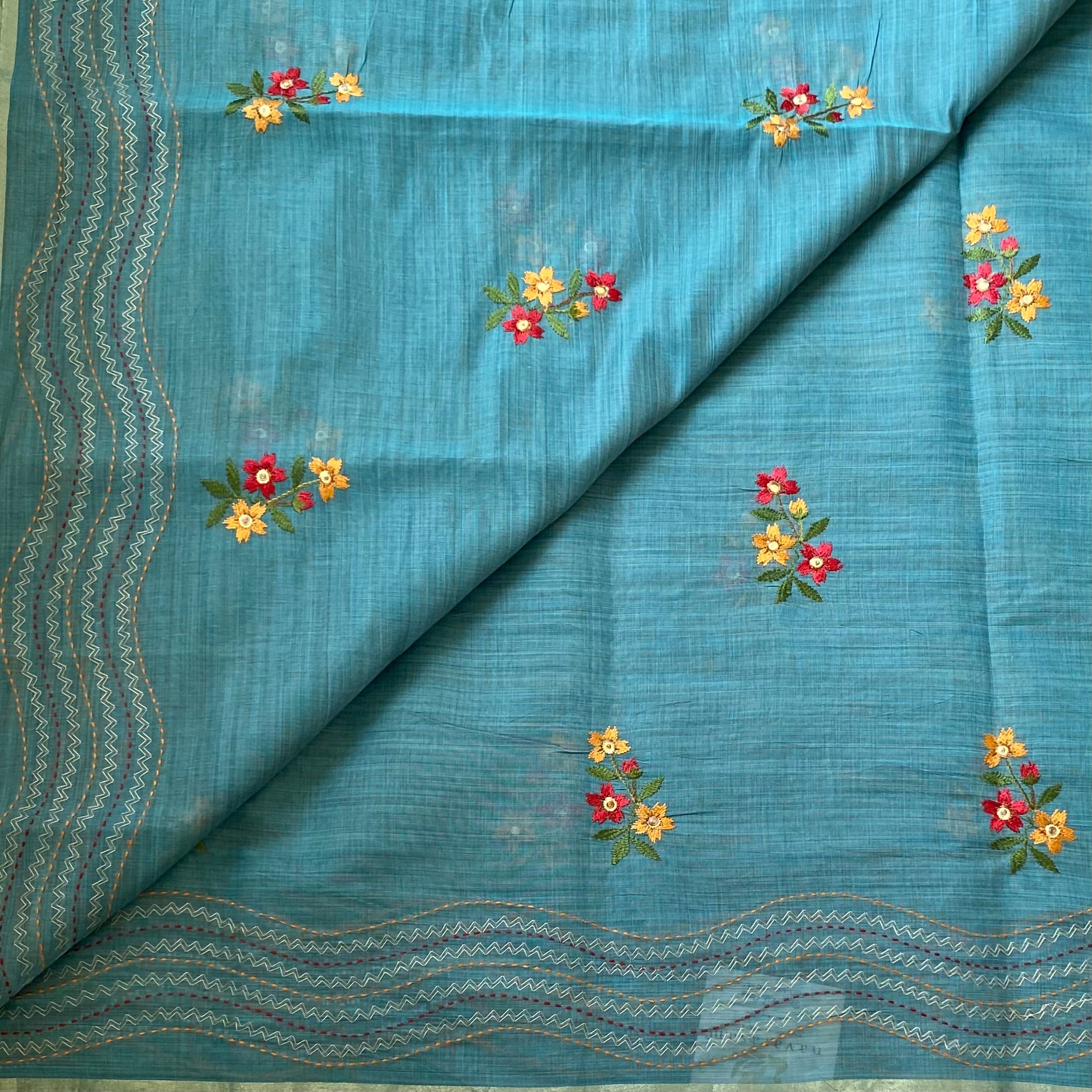 Turquoise Floral Embroidered Saree with Wavy Zari Pallu Tassels Lightweight