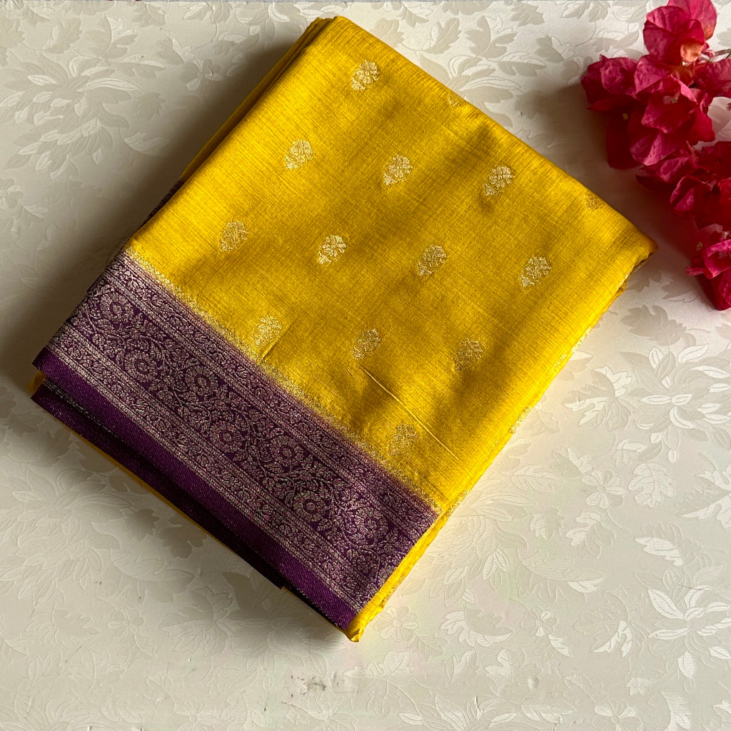 Yellow Purple Silk Saree Gold Buti Floral Border Tassel Pallu