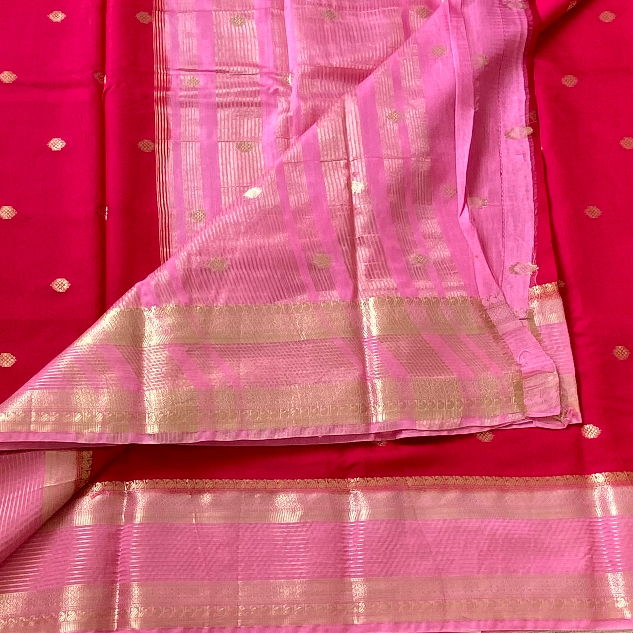 Deep cherry red with Rose Pink Pallu Antique Gold soft tussar