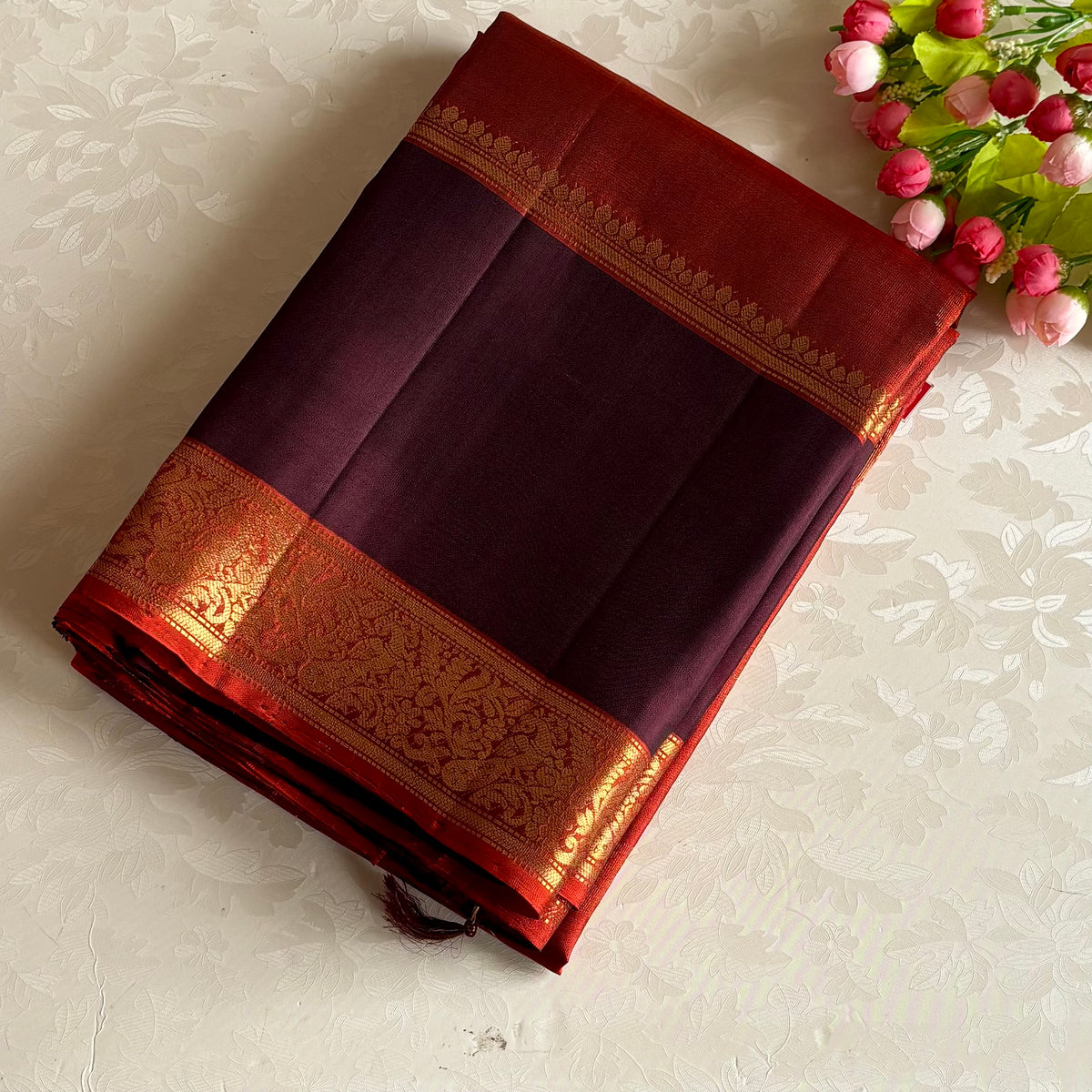 Burnt Orange & Deep Plum Designer Pure Silk Saree