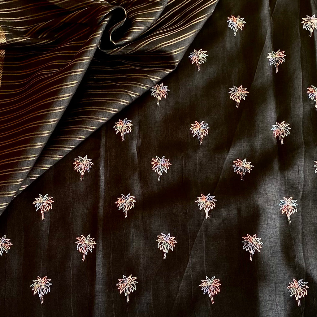 Jet Black Soft Tussar Silk Saree With Antique Gold Border And Embroidery