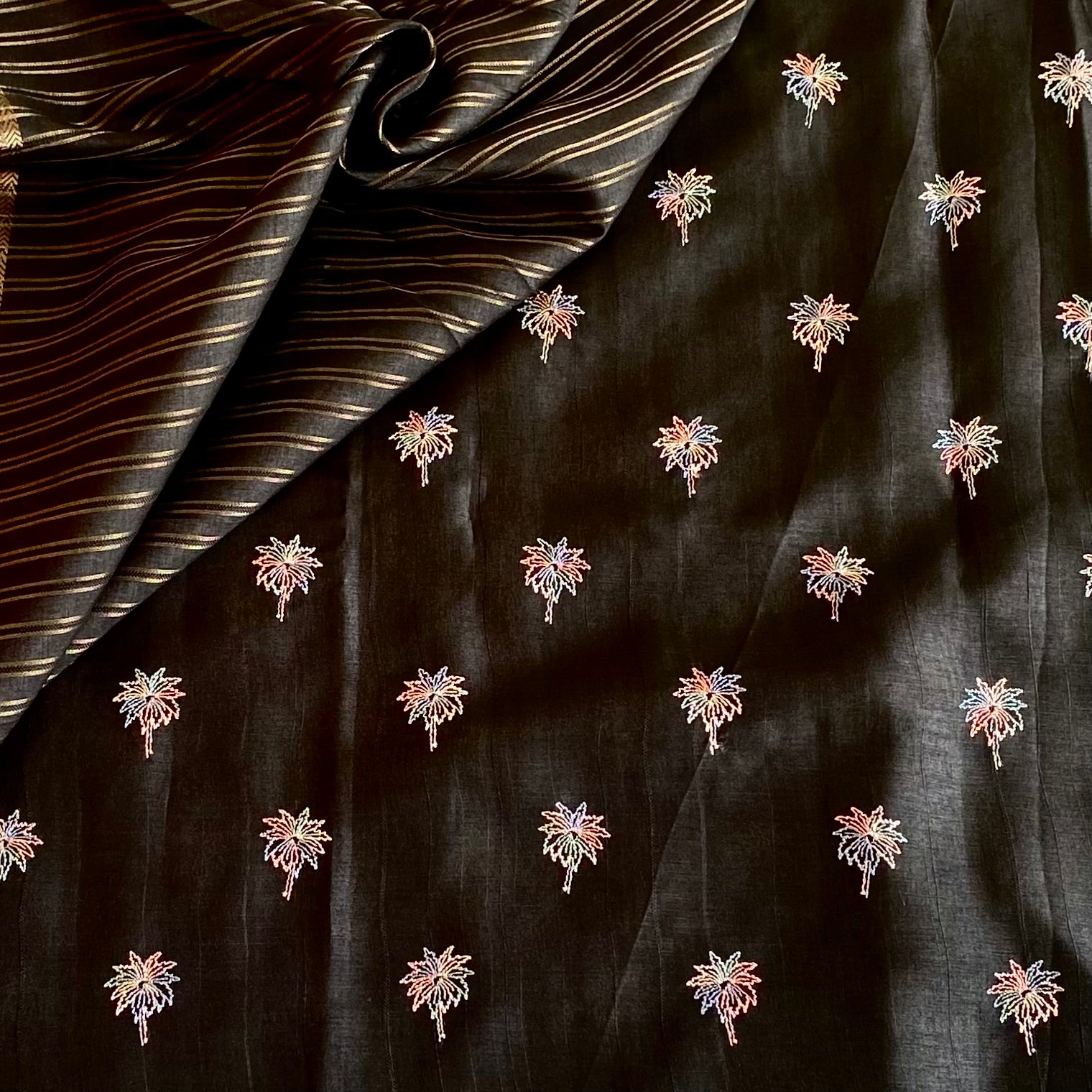 Jet Black Soft Tussar Silk Saree With Antique Gold Border And Embroidery