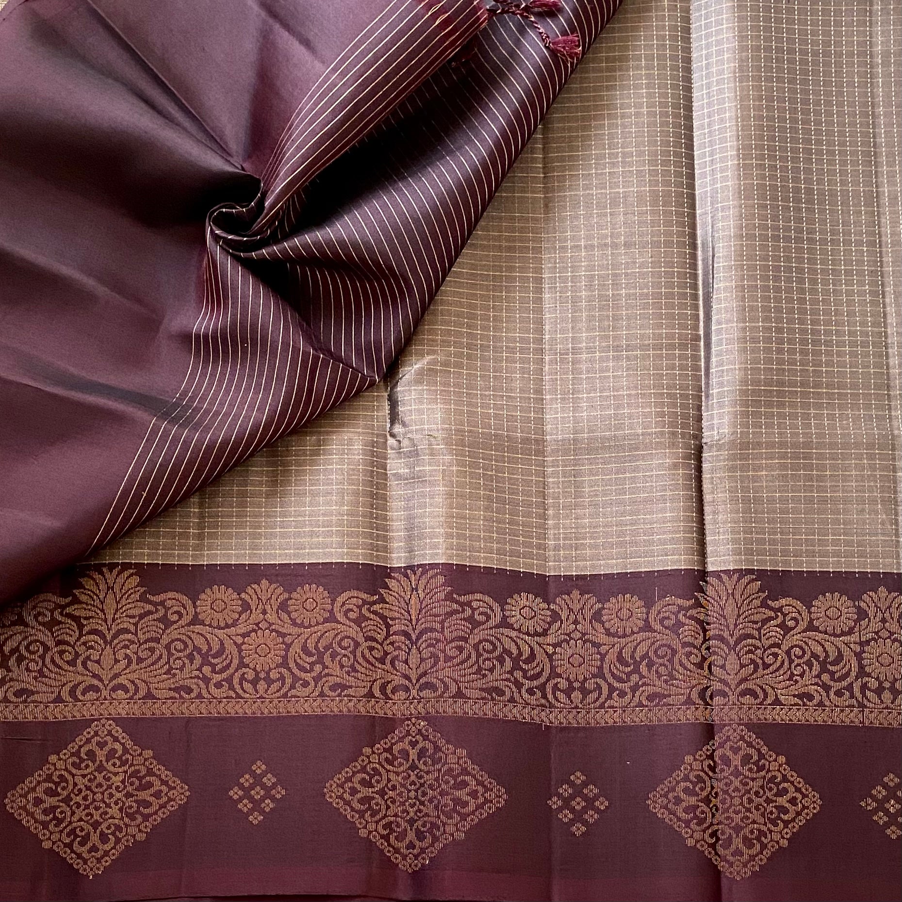 Greyish Beige Designer Pure Silk Saree With Wine Brown Woven Border