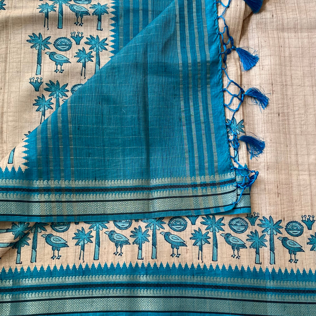 Teal Beige Bird Motif Saree With Striped Pallu And Zari Border