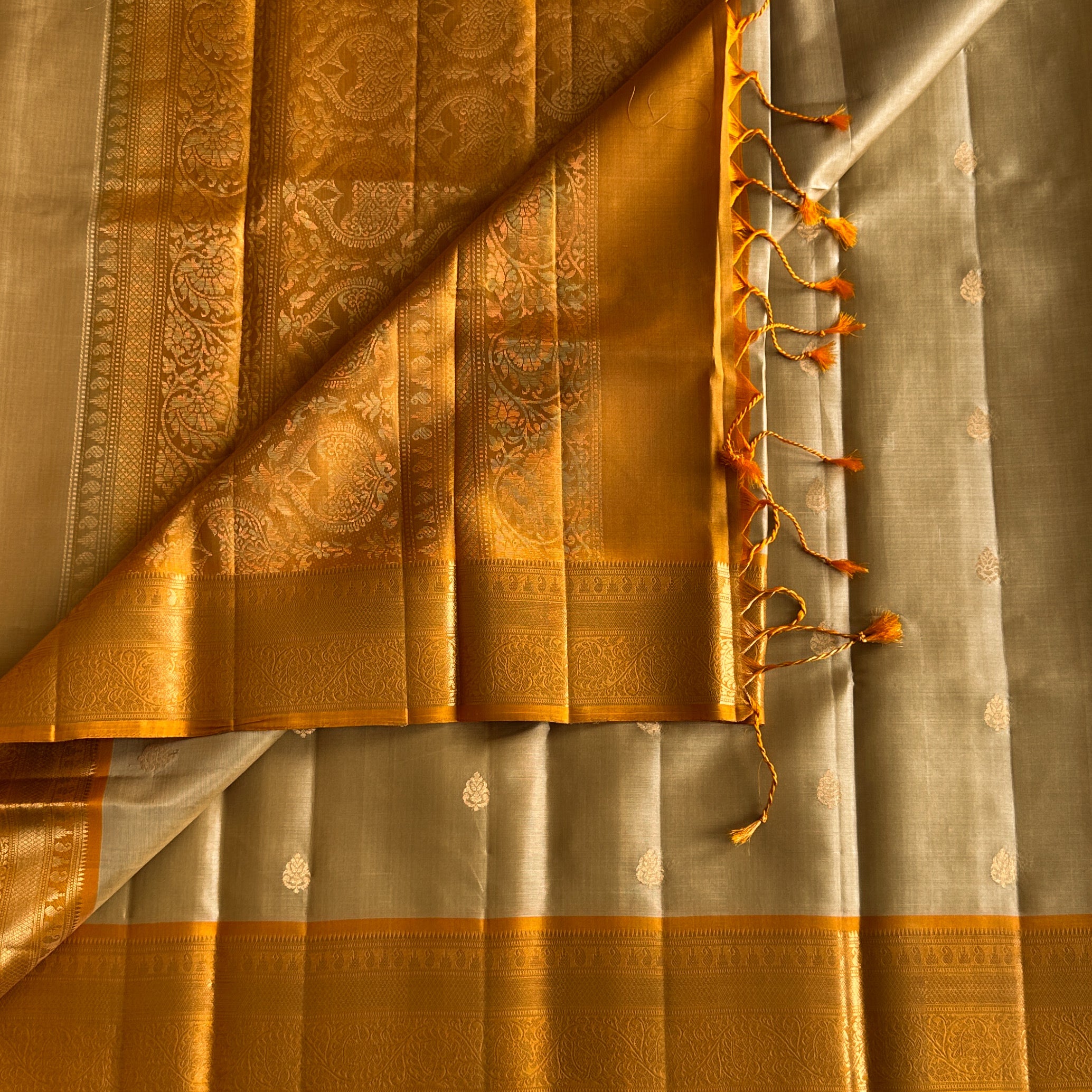 Mustard Gold Saree with Silver Blue Body and Zari Border