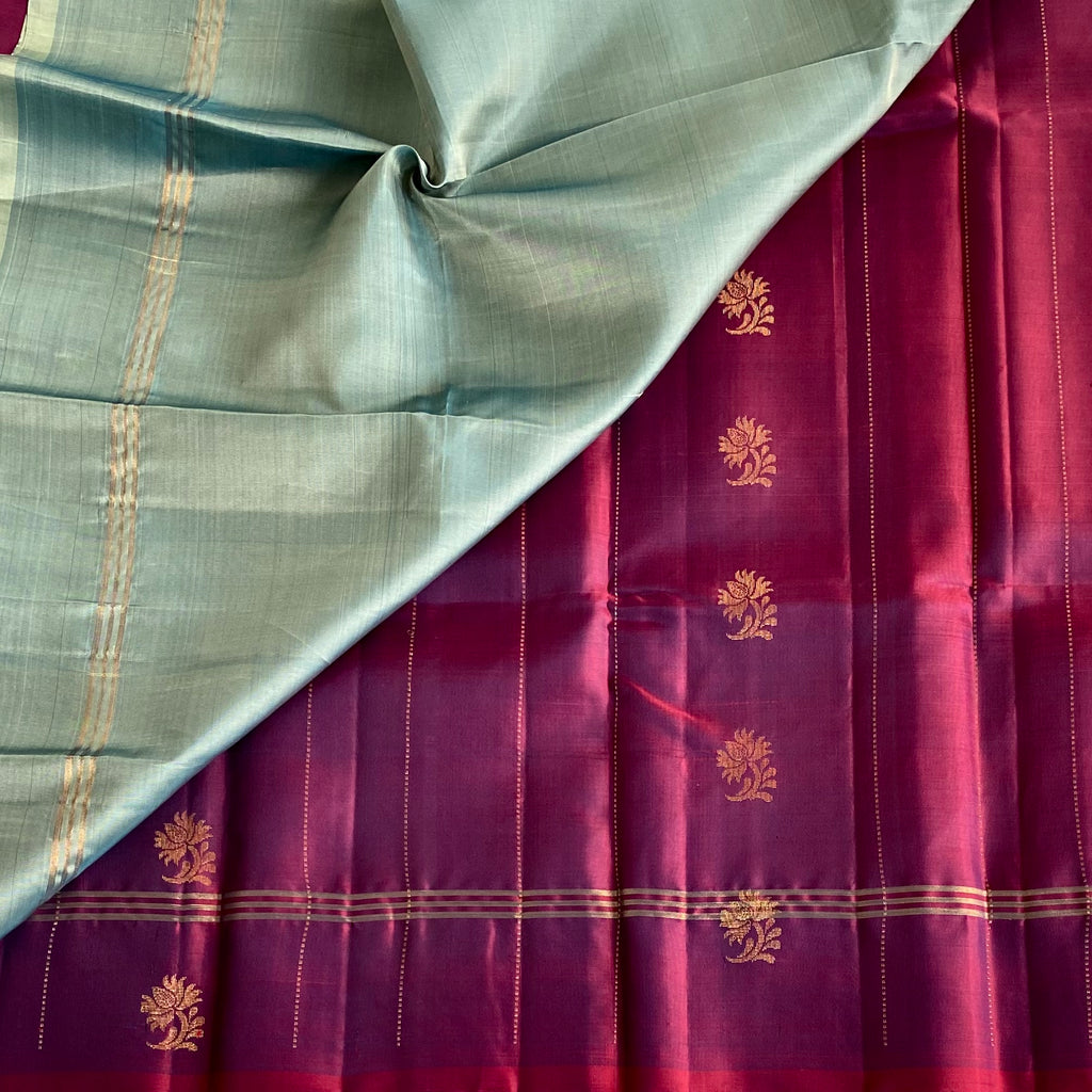 Deep Magenta Designer Pure Silk Saree With Sage Green Pallu