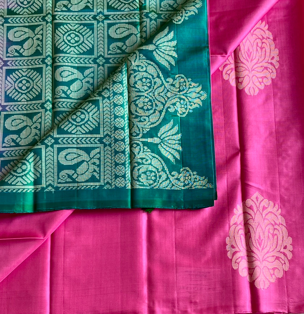 Magenta Silk Saree Teal Pallu Silver Brocade Wedding Festive