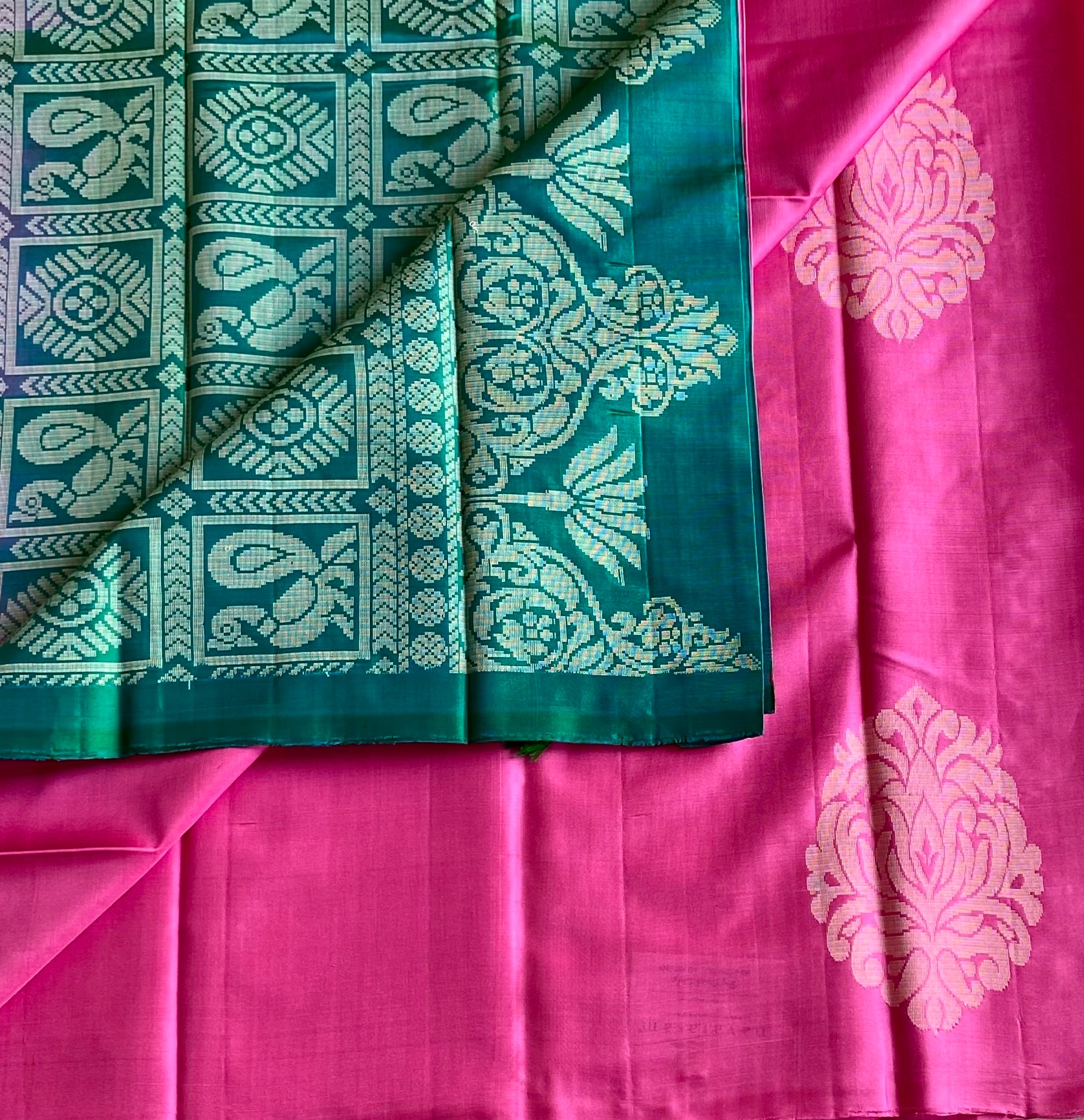 Magenta Silk Saree Teal Pallu Silver Brocade Wedding Festive