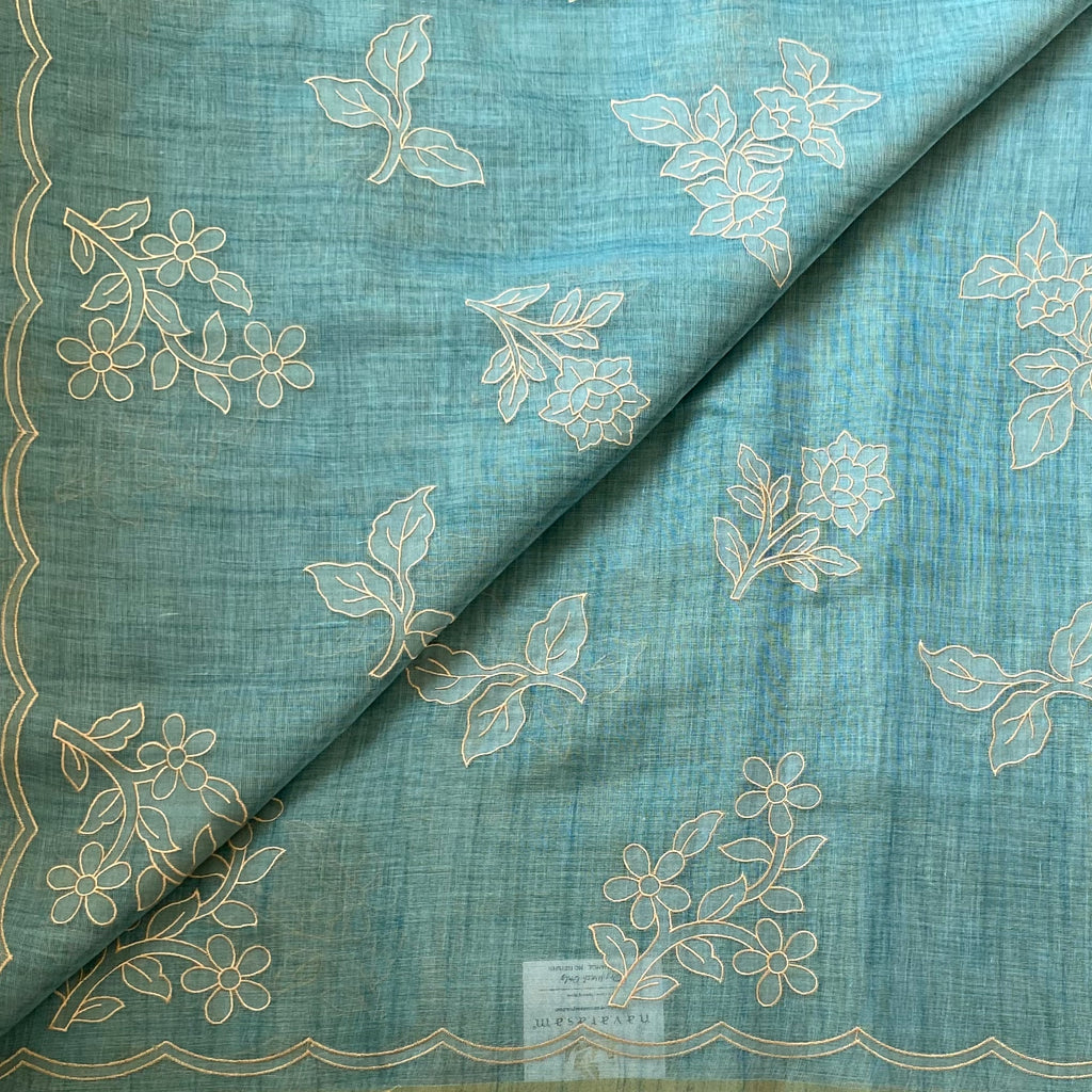 Teal Embroidered Sheer Saree with Scalloped Border and Tassels