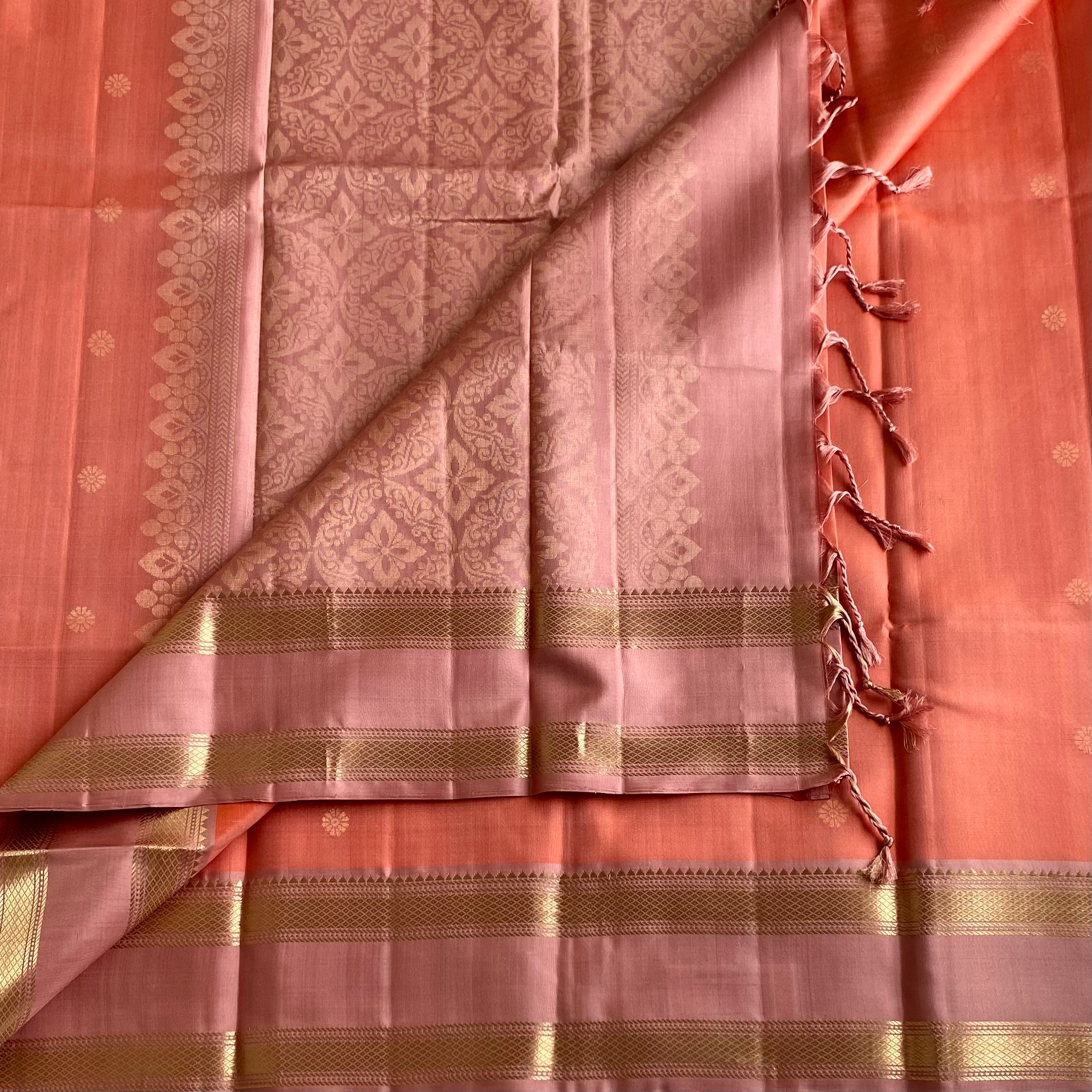 Coral Orange Designer Pure Silk Saree With Blush Pink Pallu