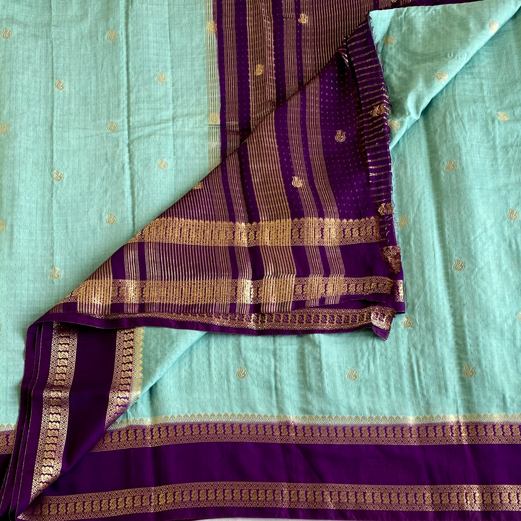 Sea Blue Soft Tussar Silk Saree With Royal Purple Pallu