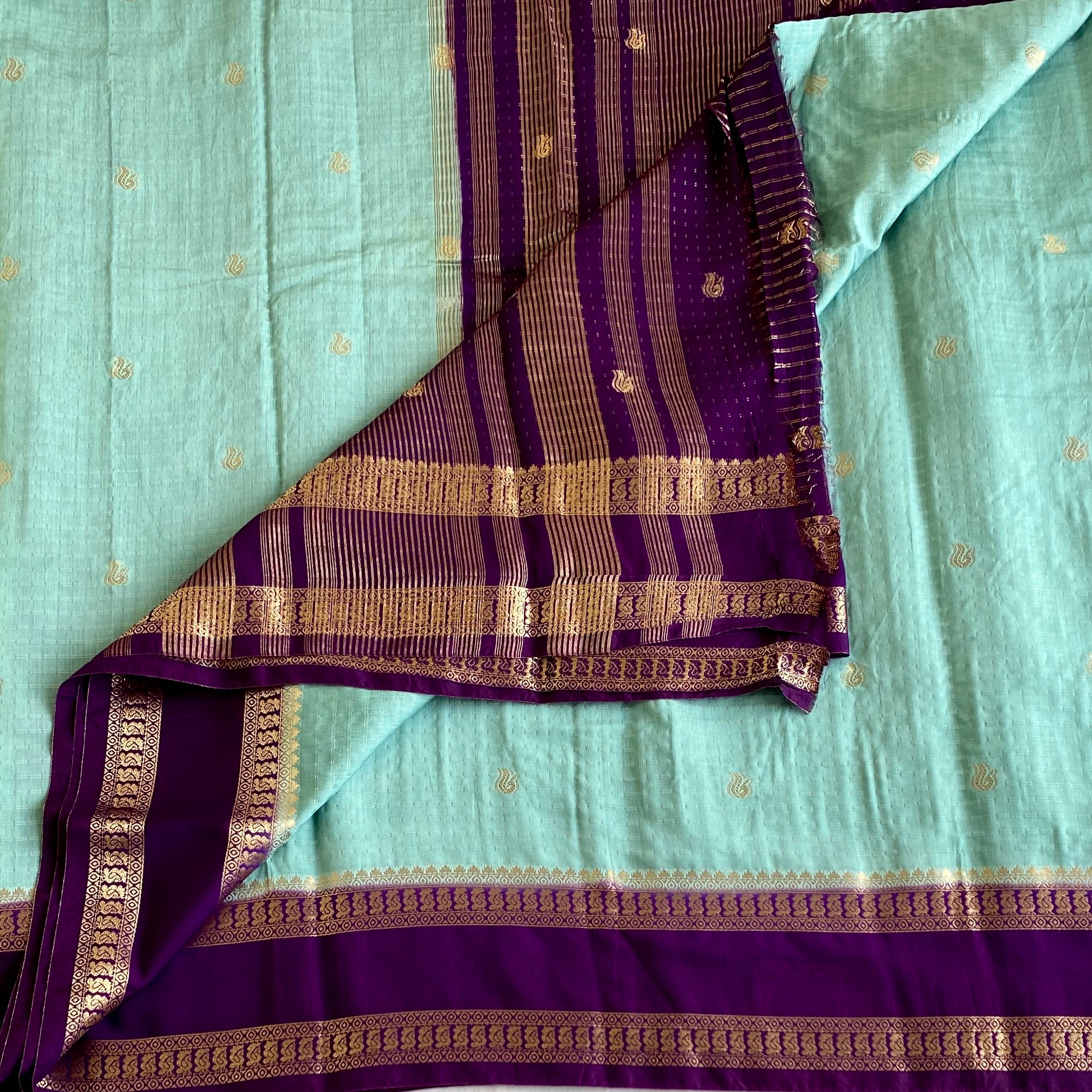 Sea Blue Soft Tussar Silk Saree With Royal Purple Pallu