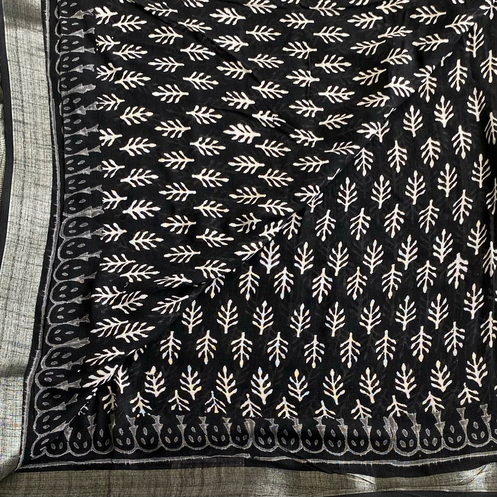 Jet Black With Silver - Block Printed Soft Linen Elegance