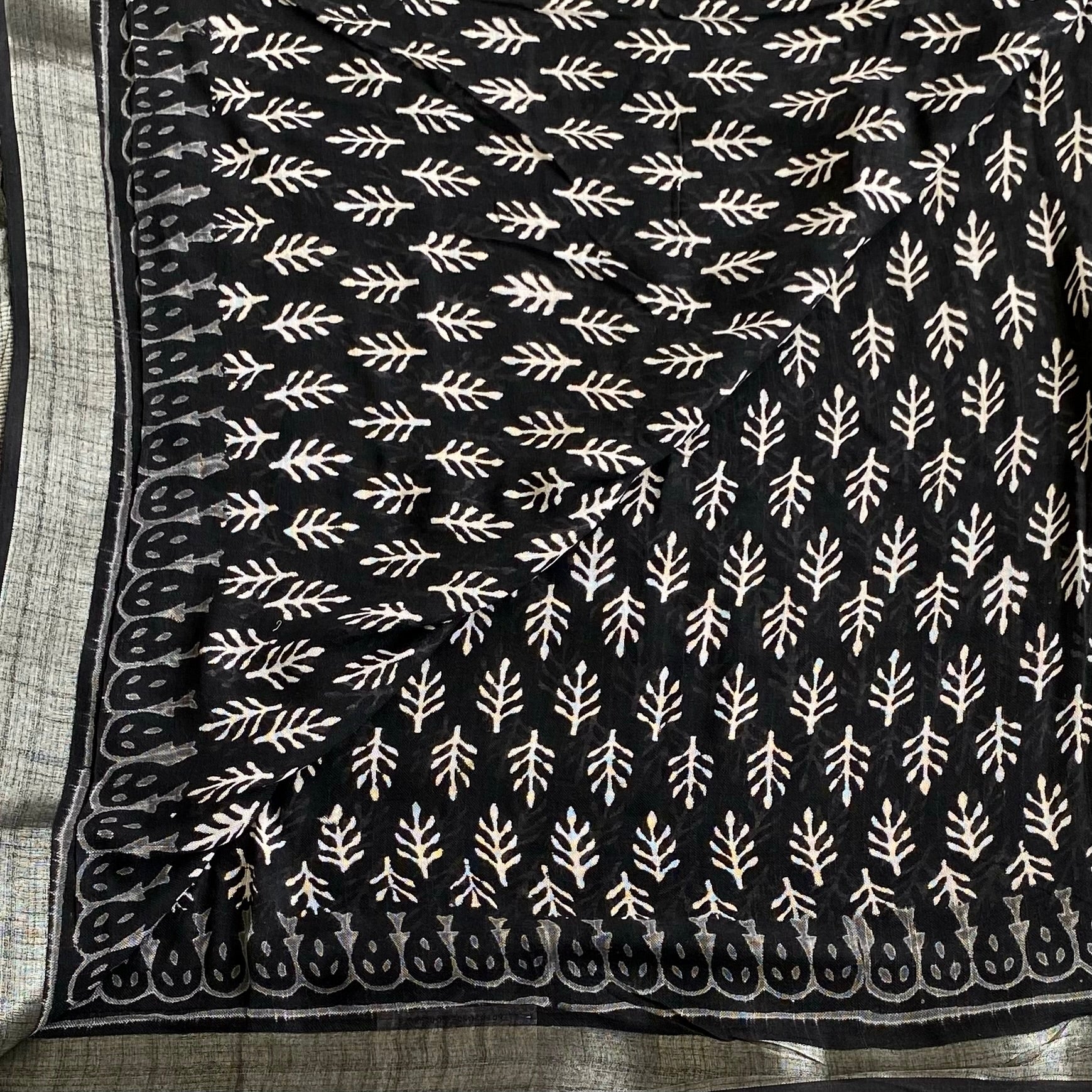 Jet Black With Silver - Block Printed Soft Linen Elegance