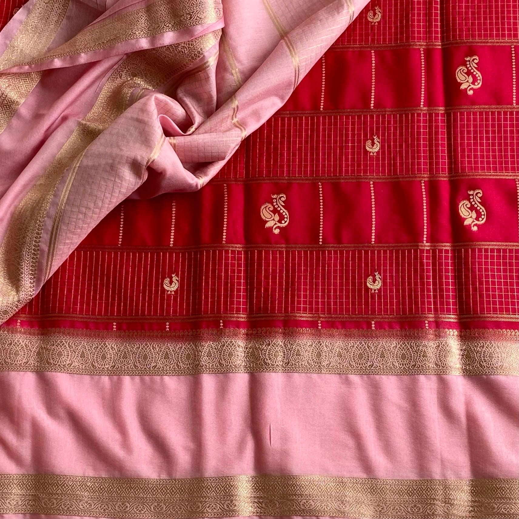 Crimson Red And Blush Pink Soft Crepe Silk With Gold Pallu