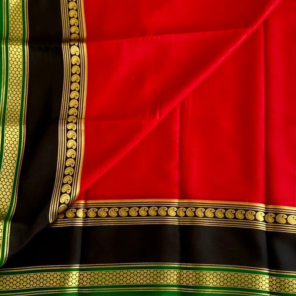 Scarlet Red Lightweight Mysore Crepe Silk Saree With Jet Black Border
