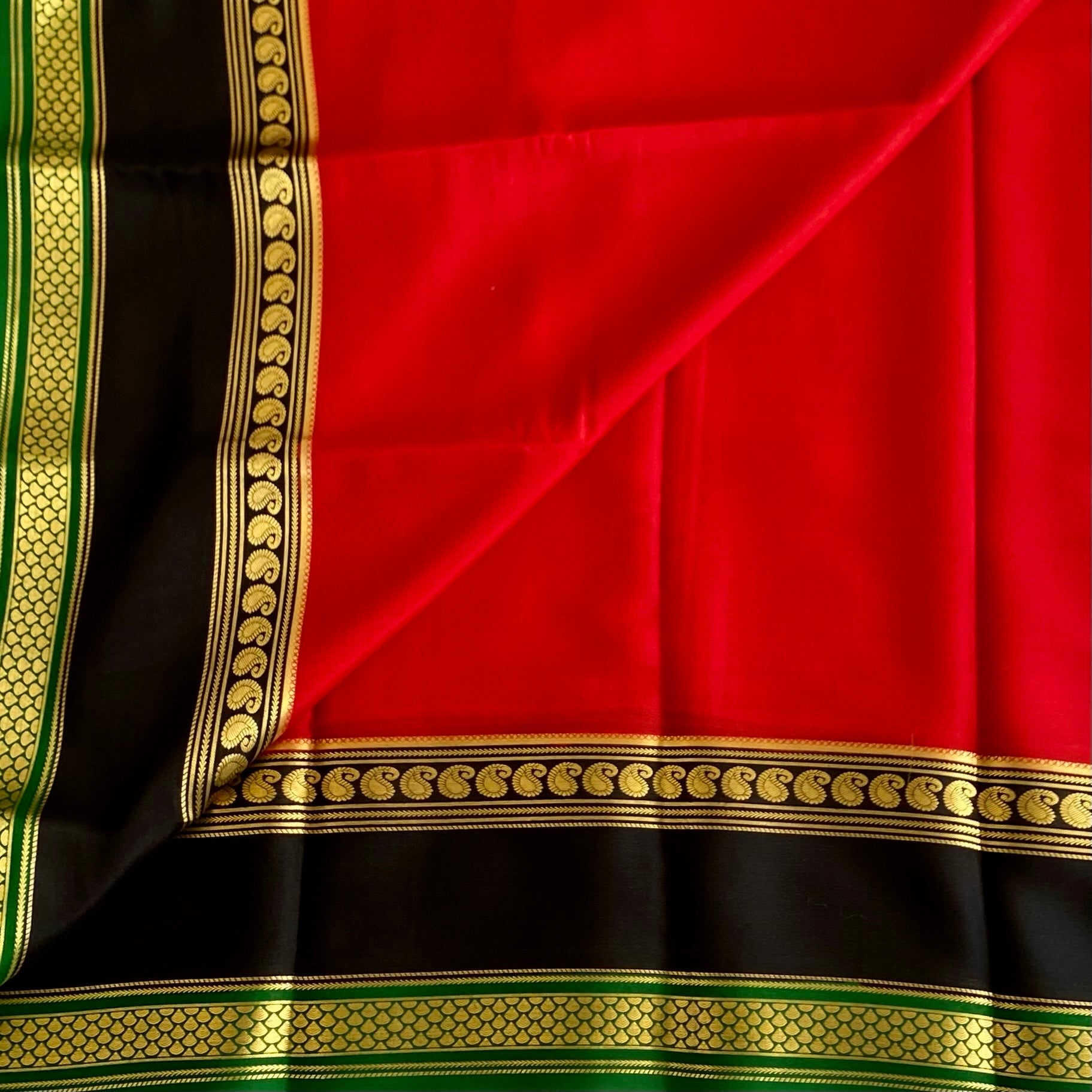 Scarlet Red Lightweight Mysore Crepe Silk Saree With Jet Black Border