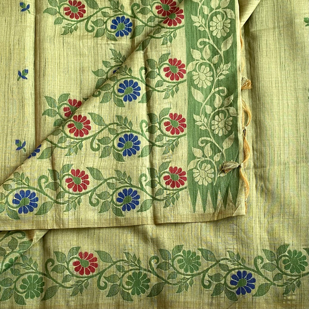 Moss Green Soft Jute Tussar Saree With Royal Blue Accents
