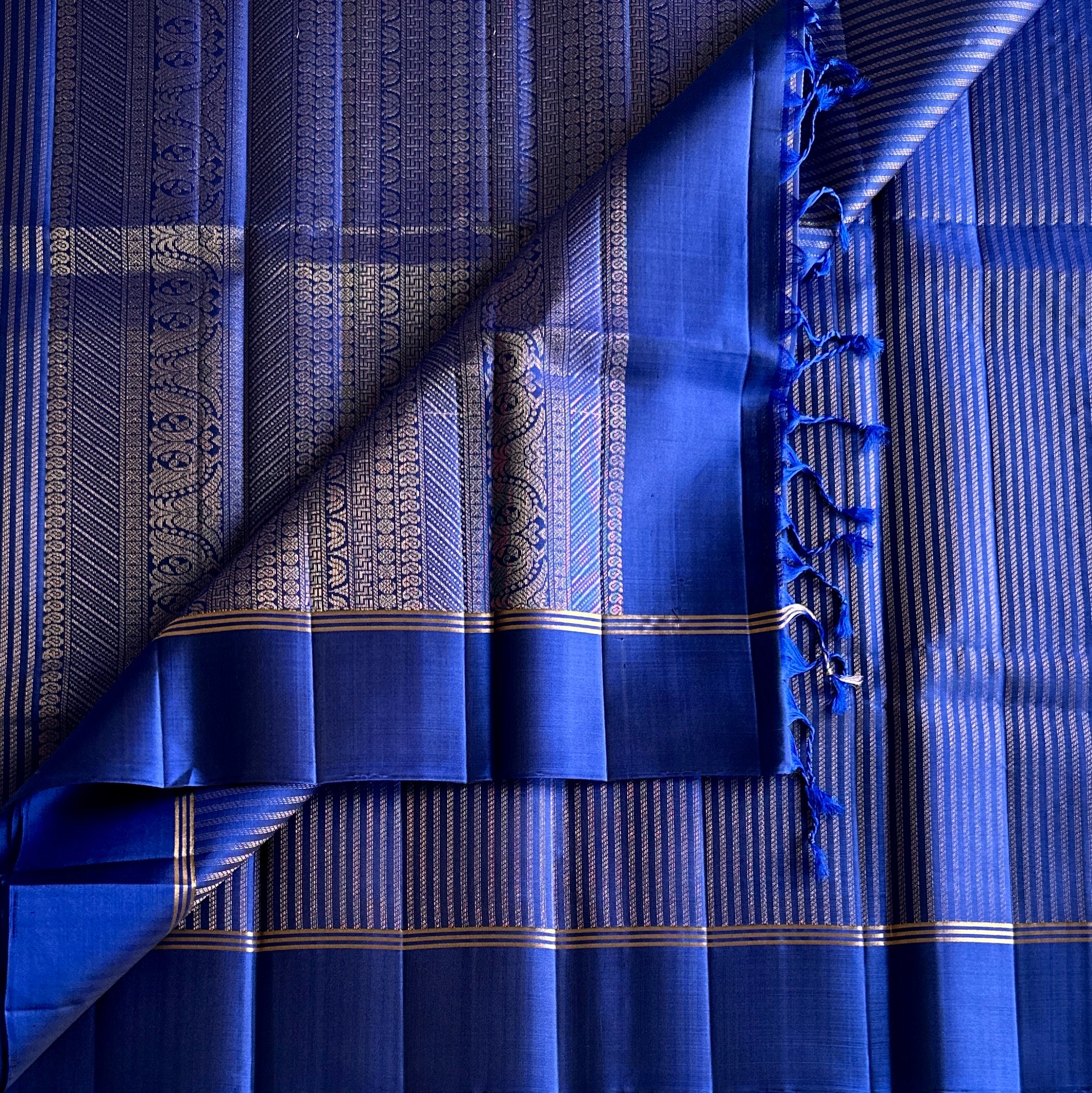 Cobalt Blue Zari Striped Saree With Gold Border And Tassels