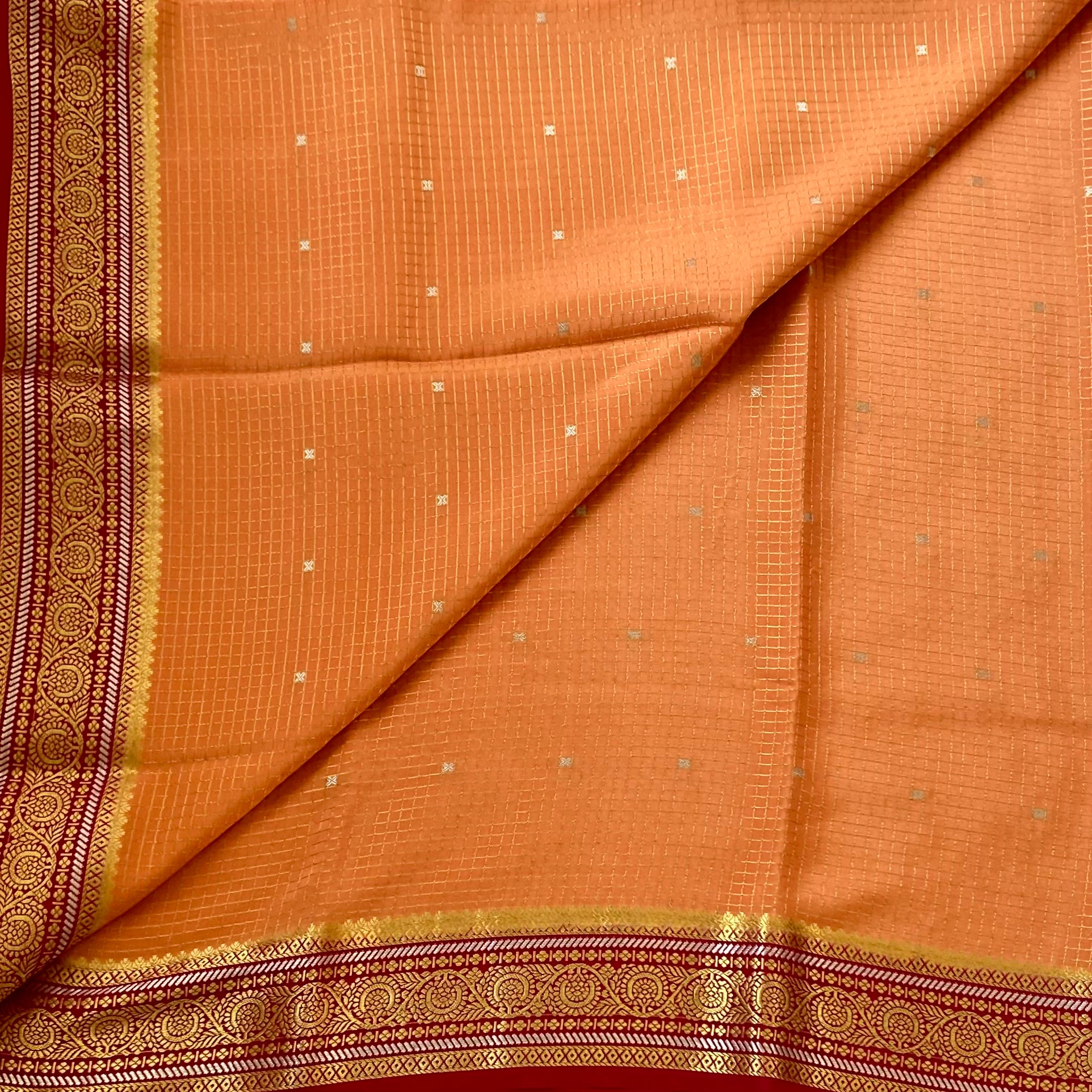 Burnt Orange Zari Border Brocade Saree with Magenta Accent