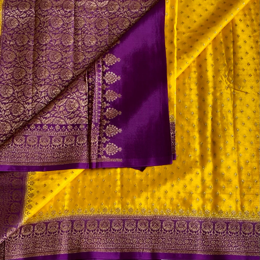 Sunflower Yellow Banarasi Crepe Silk Saree Royal Purple Pallu