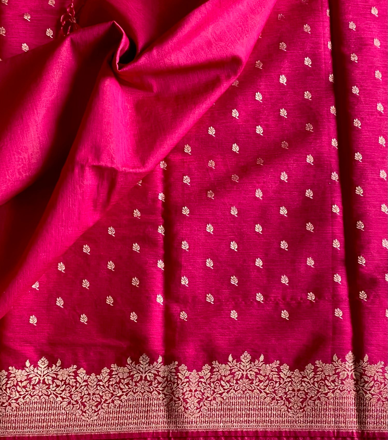 Fuchsia Silk Saree With Gold Brocade Border And Tassel Pallu