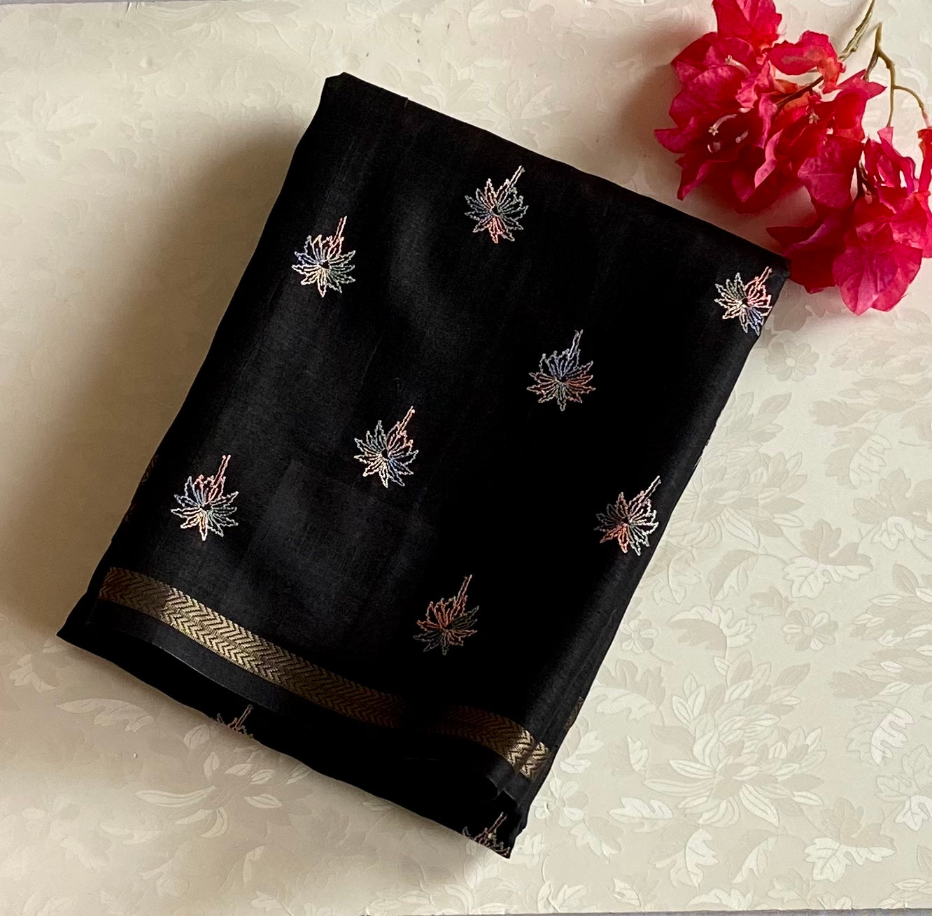 Black Embroidered Floral Saree Gold Striped Pallu Traditional Wear