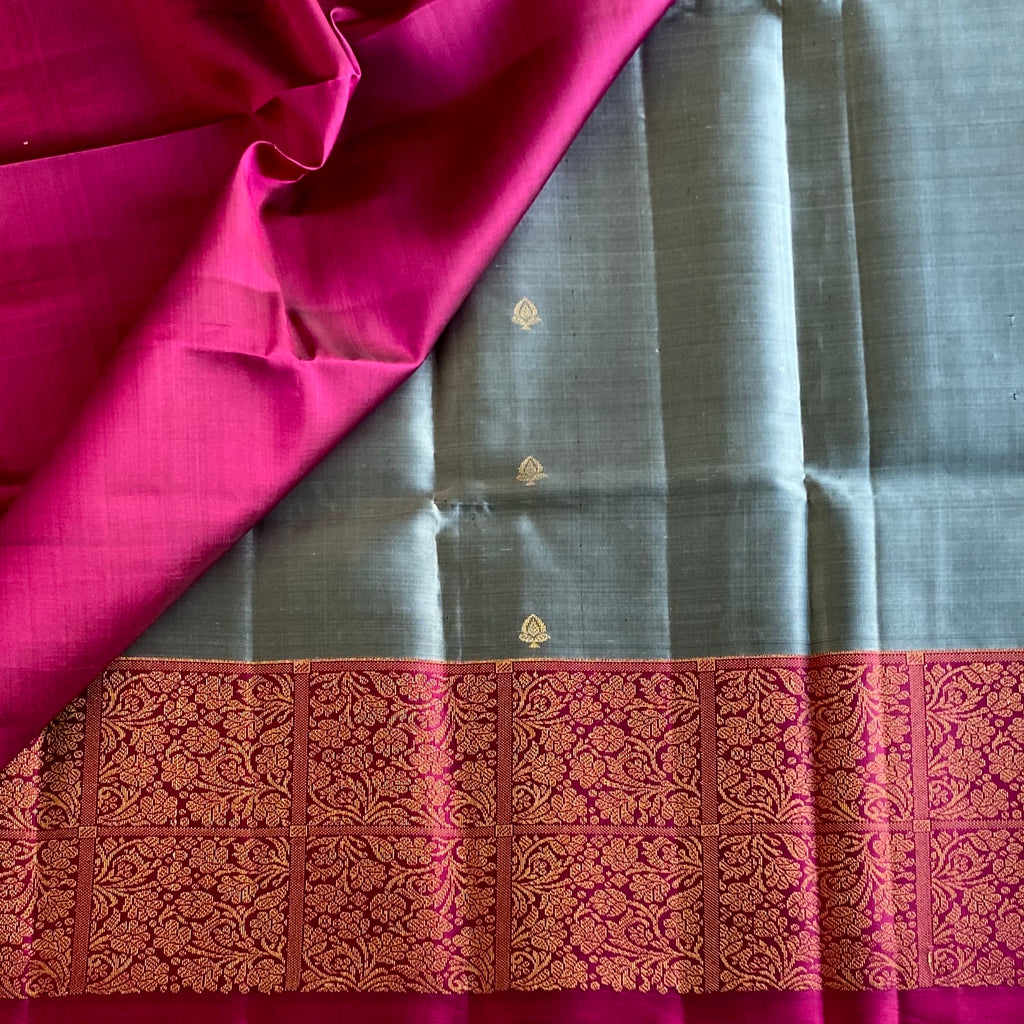 Silver Grey Designer Pure Silk Saree With Rani Pink Pallu